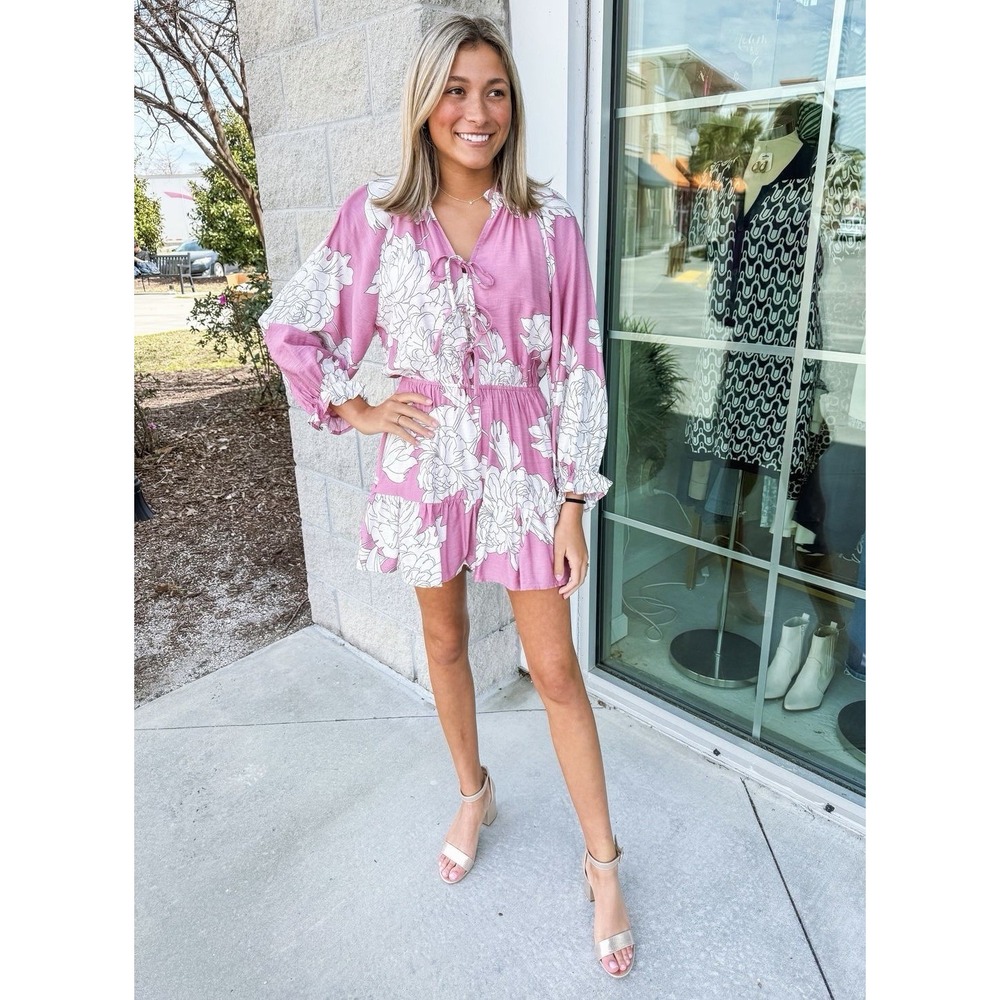 Entro Floral Tie Front Long Sleeve Ruffle Romper Jumpsuit Medium Boho Resort